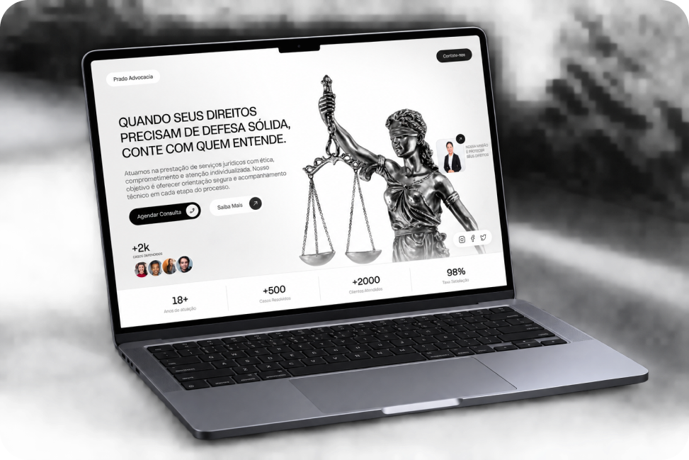 Projeto conceitual para advocacia exibido em notebook e celular